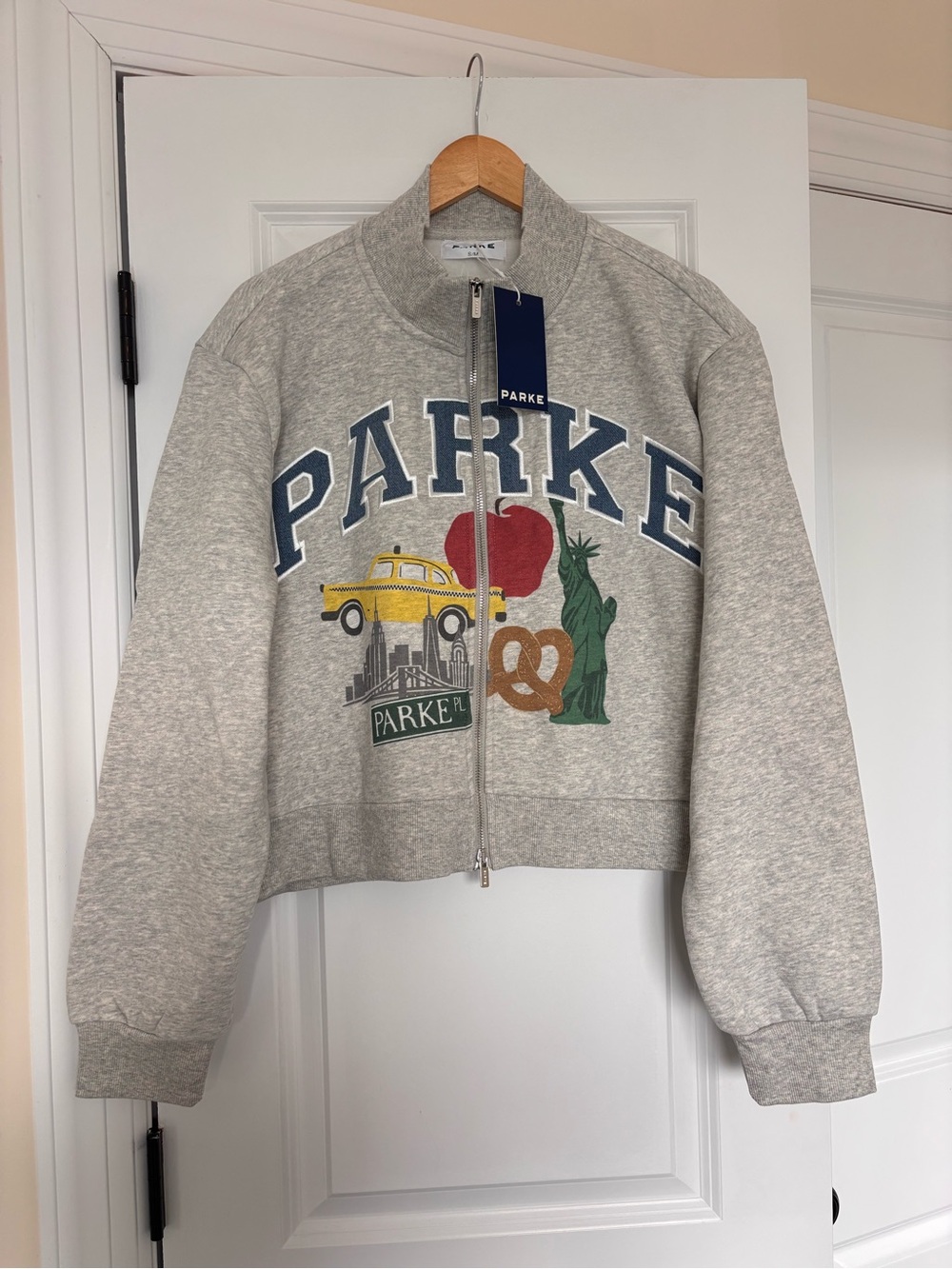 Parke NYC Pop Up Gray Zip-Up Graphic NYC Mockneck Denim Letters S/M NEW 2026